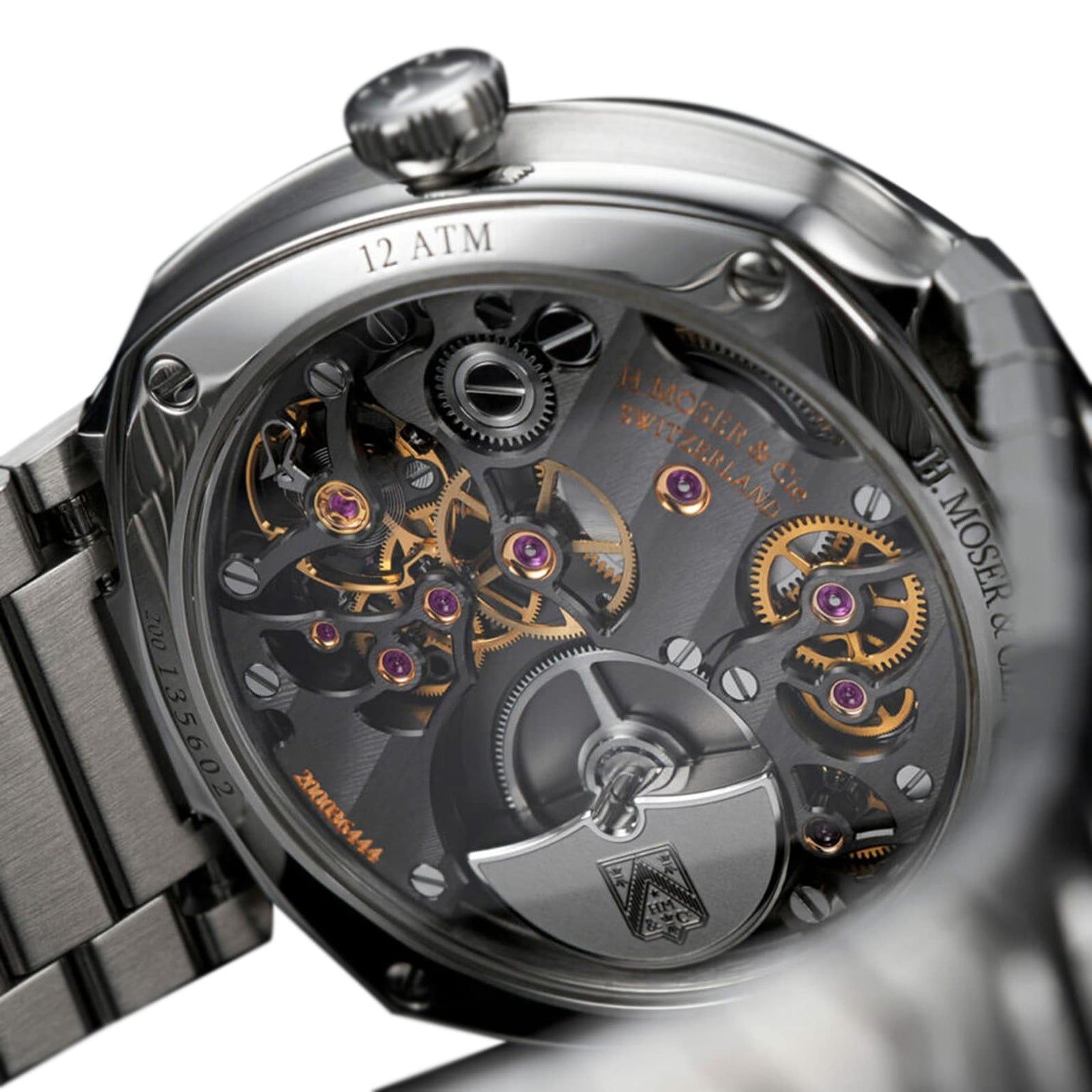 Close-up of the H. Moser & Cie Streamliner Small Seconds Blue Enamel watchs exposed mechanical movement, highlighting its intricate gears and fine details.