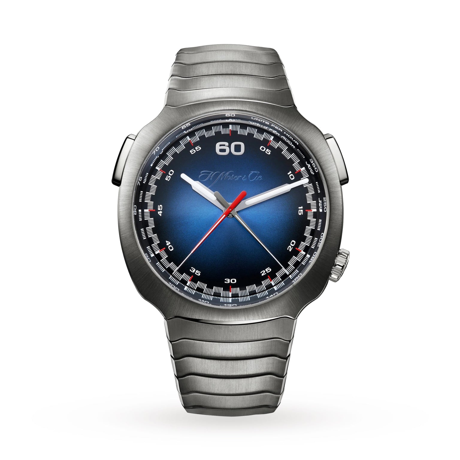 The H. Moser & Cie Streamliner Flyback Chronograph features a stainless steel case, Funky Blue fumé dial, red and white hands, and a metal bracelet, shown front-facing on a white background.