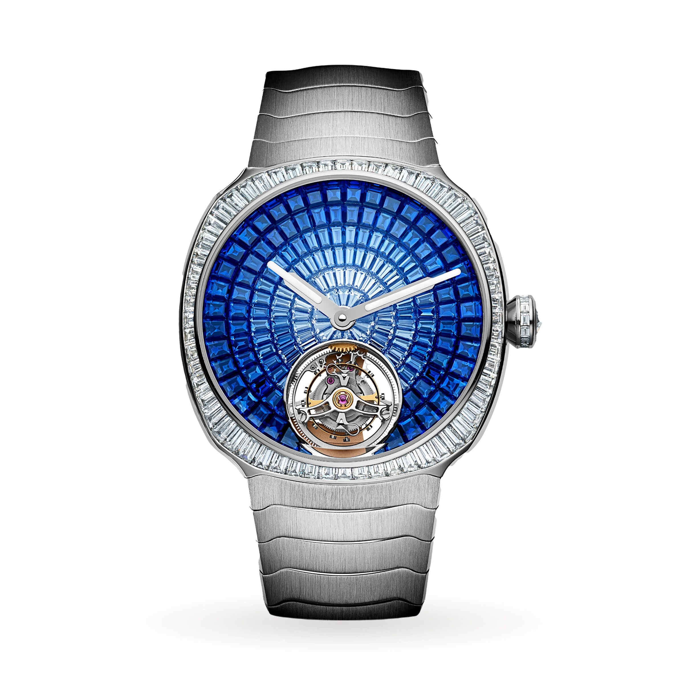 The H. Moser & Cie Streamliner Tourbillon features a blue gemstone dial, a silver case, and a visible tourbillon at the bottom.