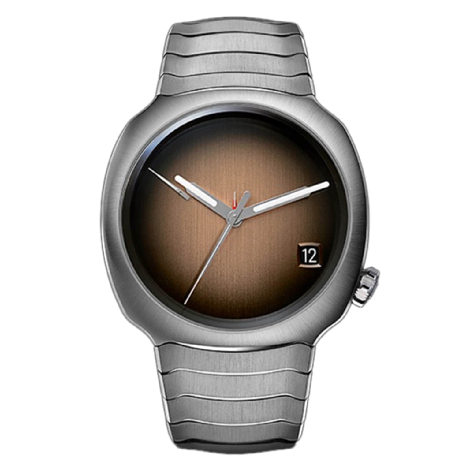 The H. Moser & Cie Streamliner Perpetual Calendar is a silver wristwatch featuring a brown gradient dial, three hands, and a date window displaying the number 12.