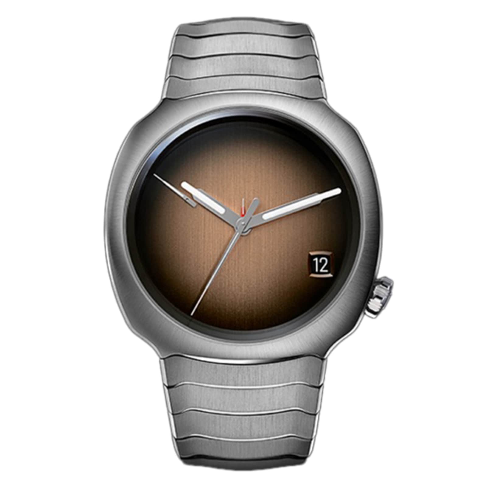 The H. Moser & Cie Streamliner Perpetual Calendar is a silver wristwatch featuring a brown gradient dial, three hands, and a date window displaying the number 12.