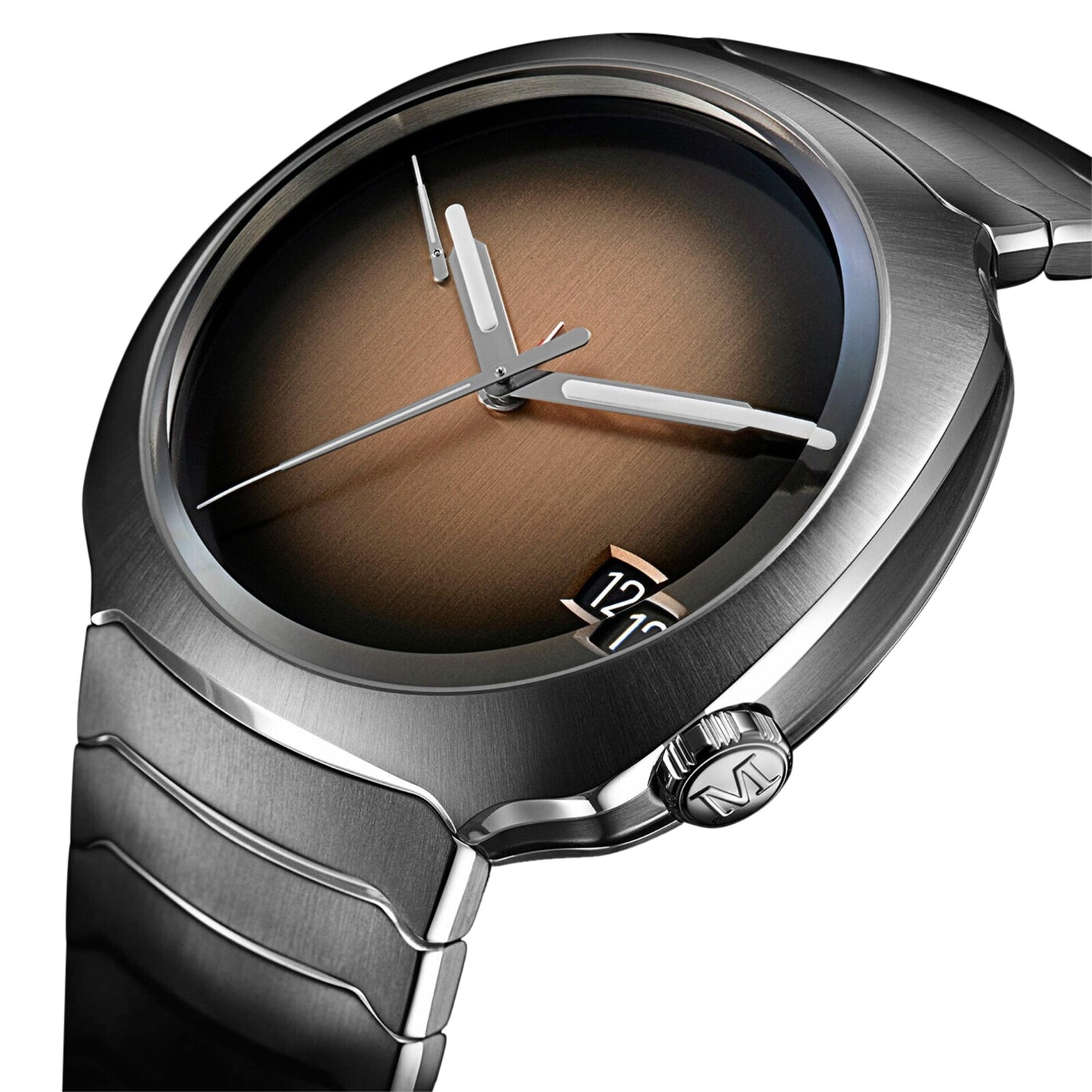 The H. Moser & Cie Streamliner Perpetual Calendar is a modern stainless steel wristwatch featuring a brown gradient dial, silver hands, and a date display at 4 o’clock.