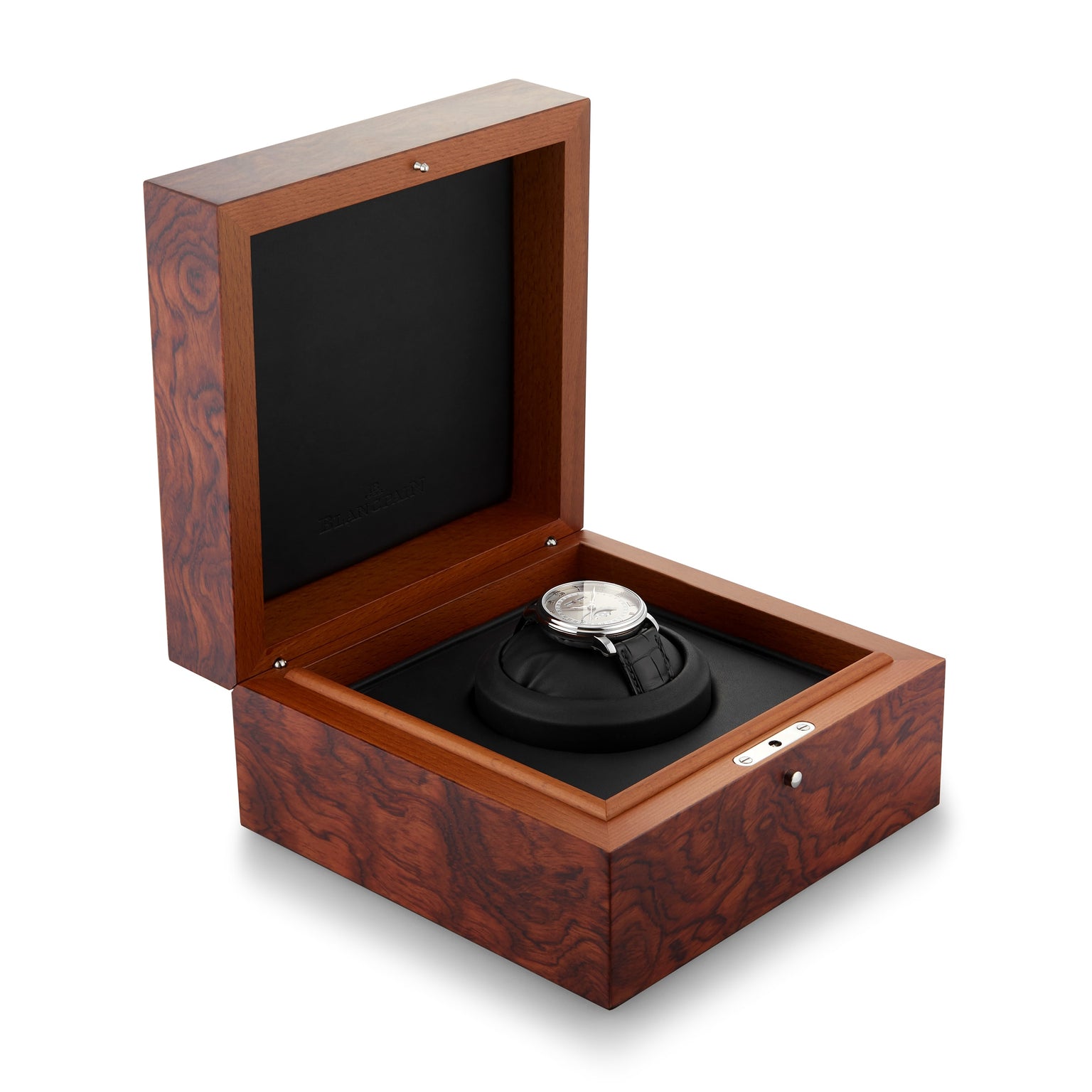 The Blancpain Villeret Quantième Complet luxury wristwatch is elegantly displayed in an open wooden watch box with a black interior.