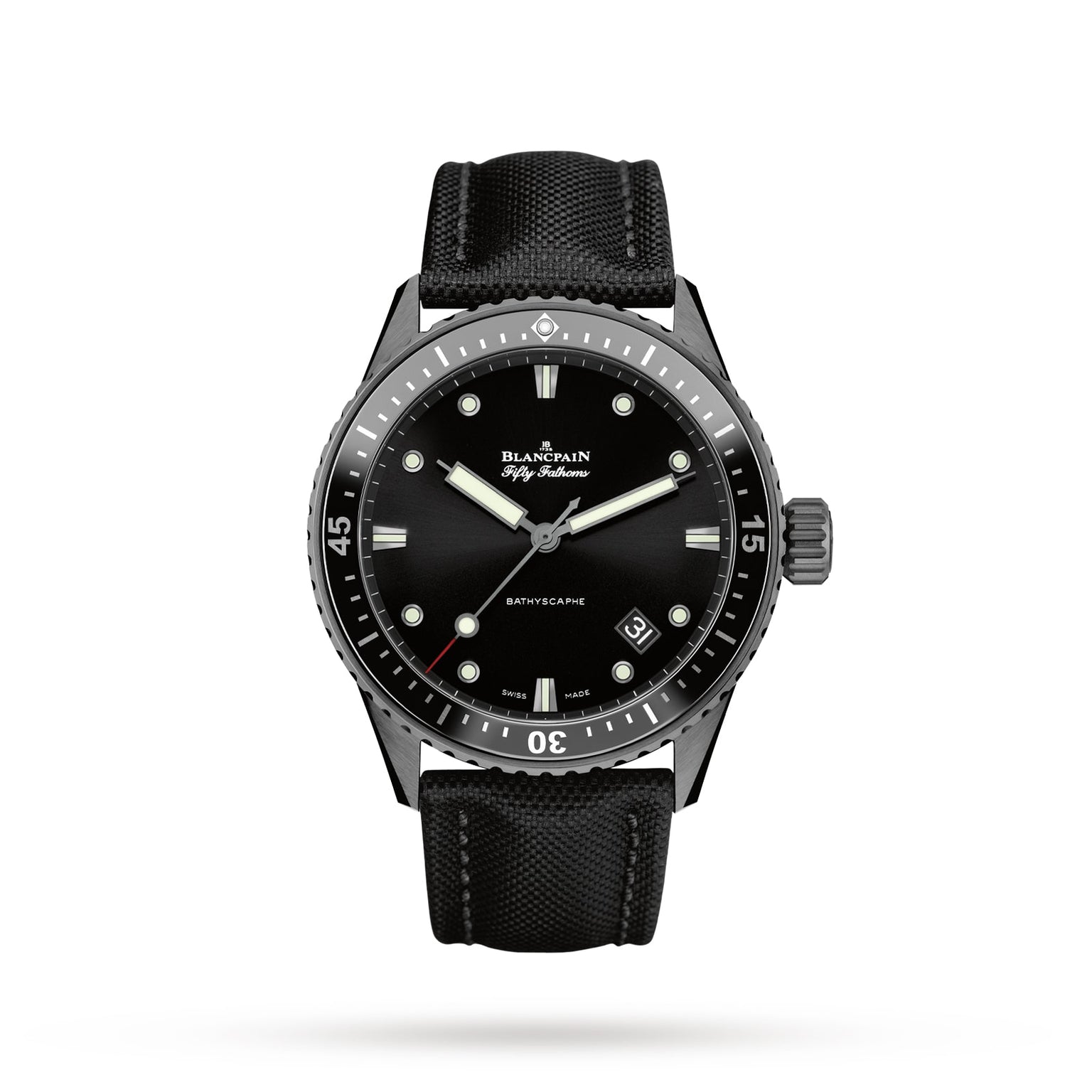 The Blancpain Fifty Fathoms Bathyscaphe divers watch features a black ceramic case, black bezel and dial, luminescent hour markers, and a black fabric strap, all displayed on a white background.