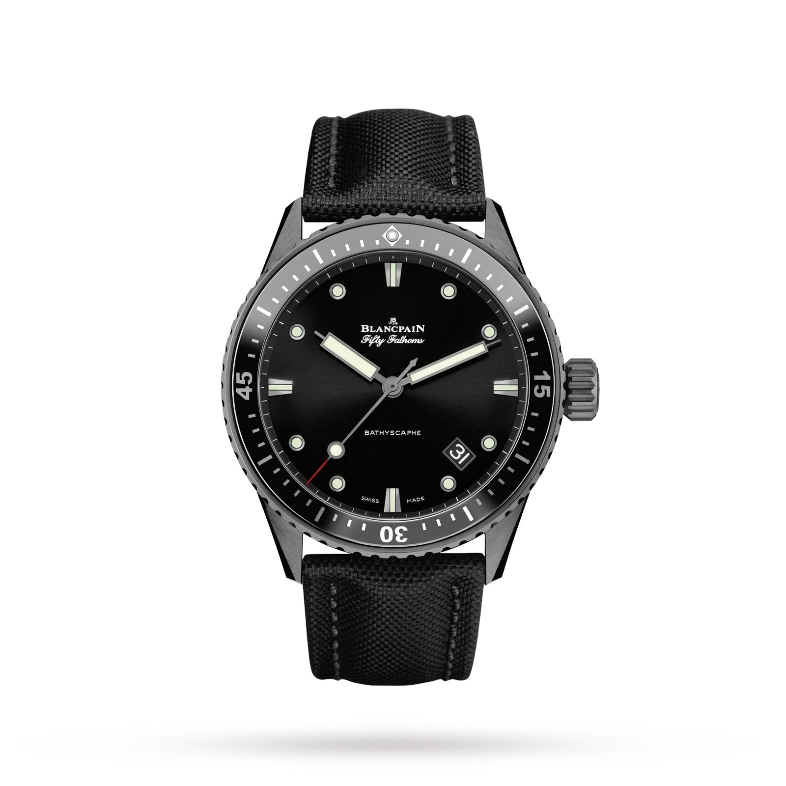 The Blancpain Fifty Fathoms Bathyscaphe divers watch features a black ceramic case, black bezel and dial, luminescent hour markers, and a black fabric strap, all displayed on a white background.