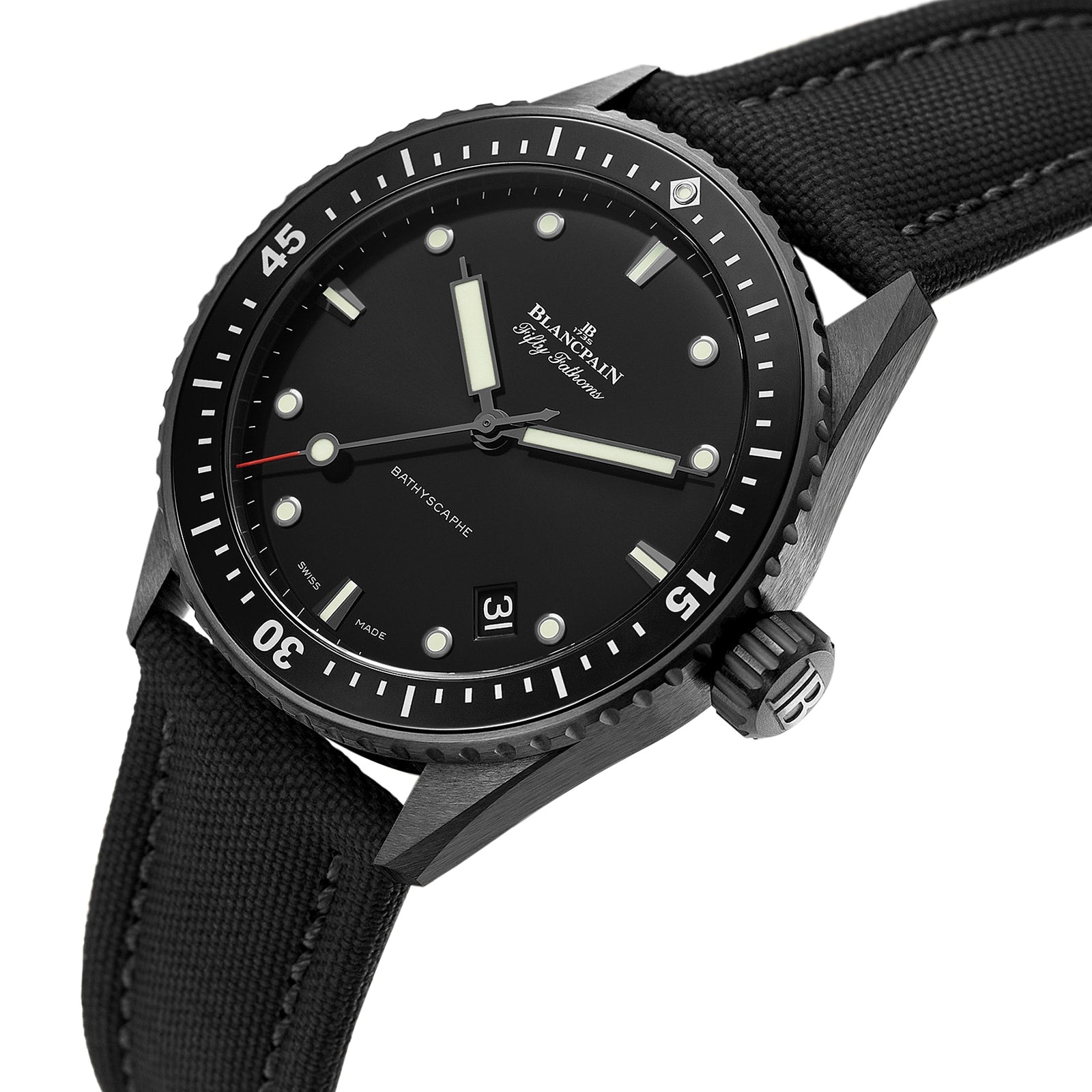 The Blancpain Fifty Fathoms Bathyscaphe diver’s watch features a black ceramic case, luminous markers, black bezel, fabric strap, and a date display at 3 o’clock, shown angled on a white background.