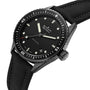 The Blancpain Fifty Fathoms Bathyscaphe diver’s watch features a black ceramic case, luminous markers, black bezel, fabric strap, and a date display at 3 o’clock, shown angled on a white background.