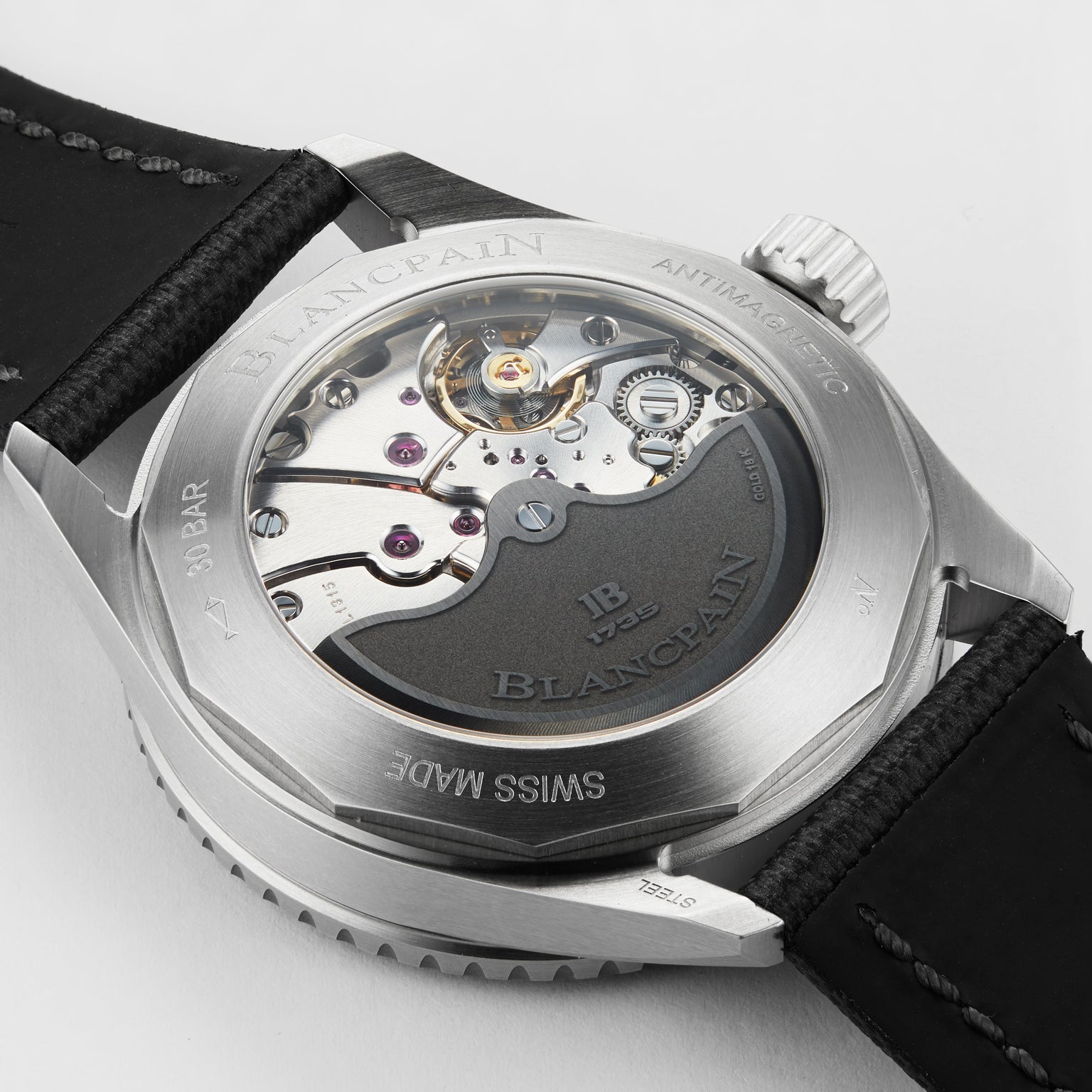 Close-up of the back of the Blancpain Fifty Fathoms Bathyscaphe, highlighting its automatic movement and engraved details on the stainless steel case.