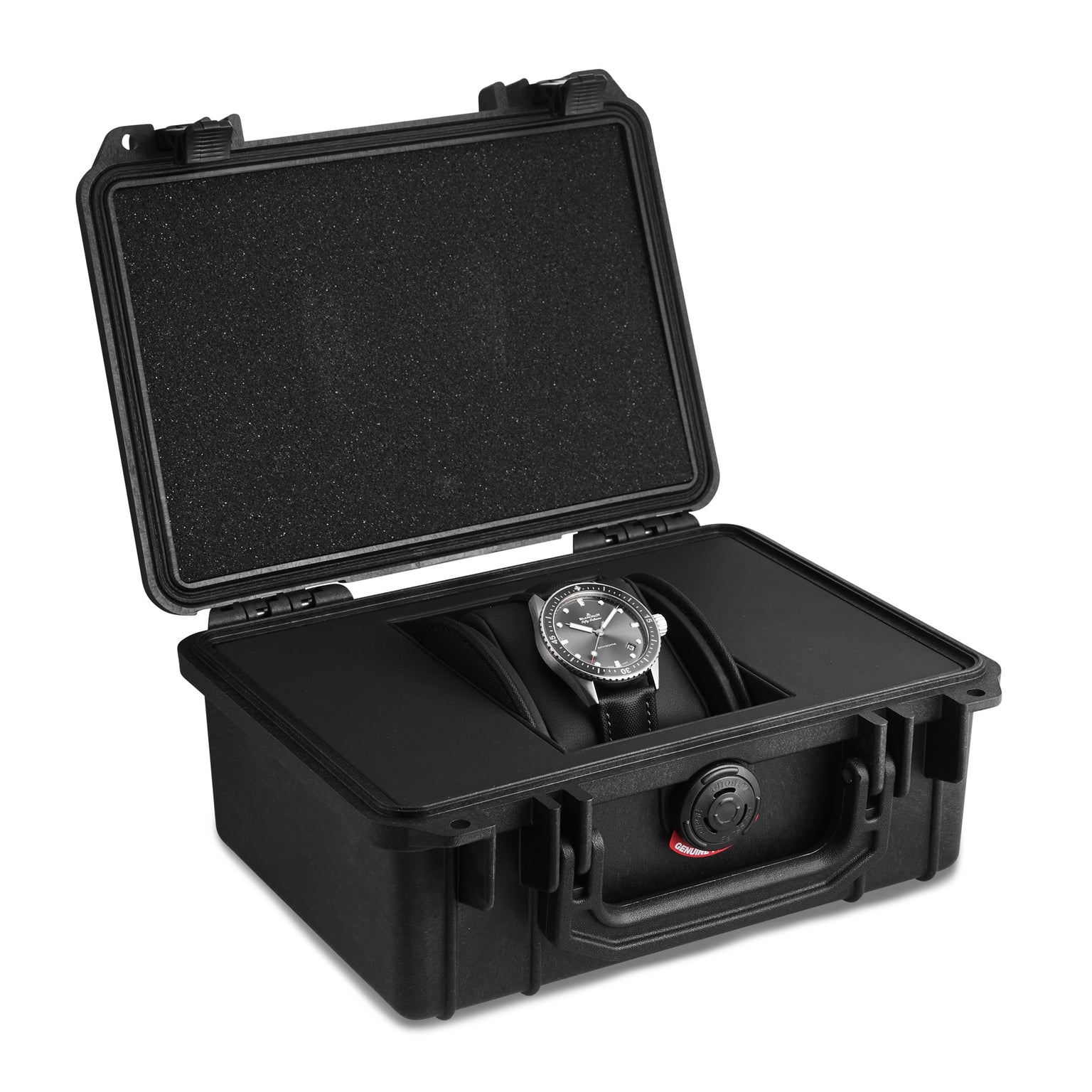 A Blancpain Fifty Fathoms Bathyscaphe diver’s watch with a black band is shown inside an open black hard-shell protective case with foam padding.