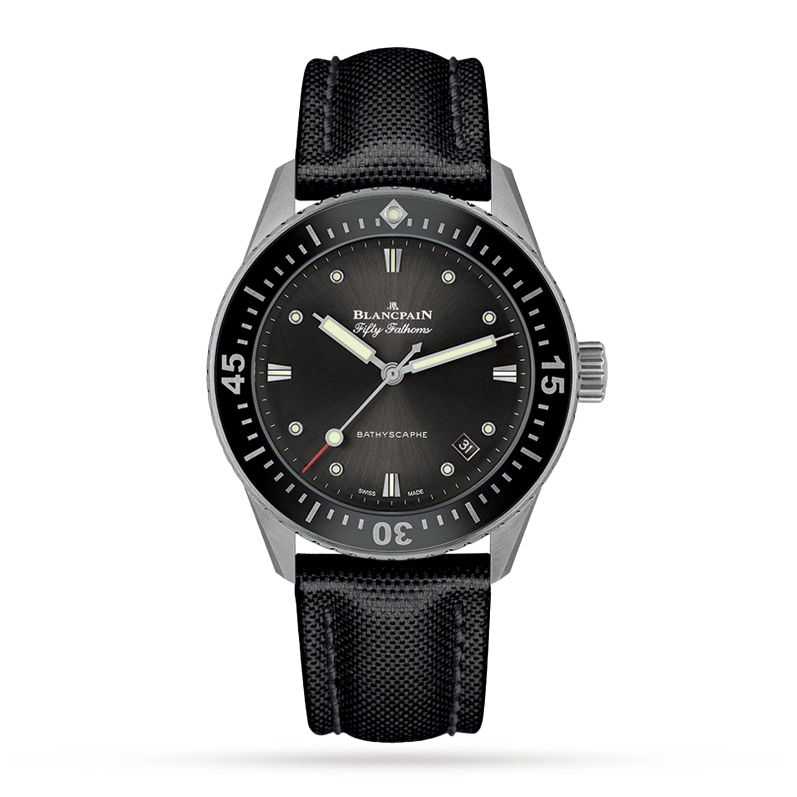 A Blancpain Fifty Fathoms Bathyscaphe watch featuring a black dial with white markers, date window, and black fabric strap is shown against a white background.