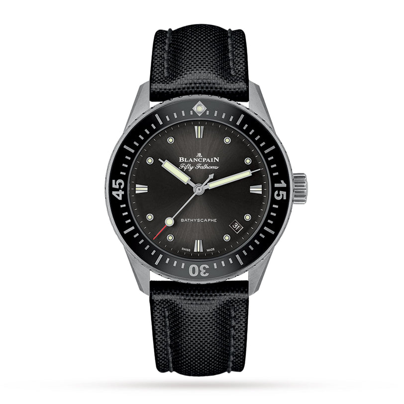 A Blancpain Fifty Fathoms Bathyscaphe watch featuring a black dial with white markers, date window, and black fabric strap is shown against a white background.