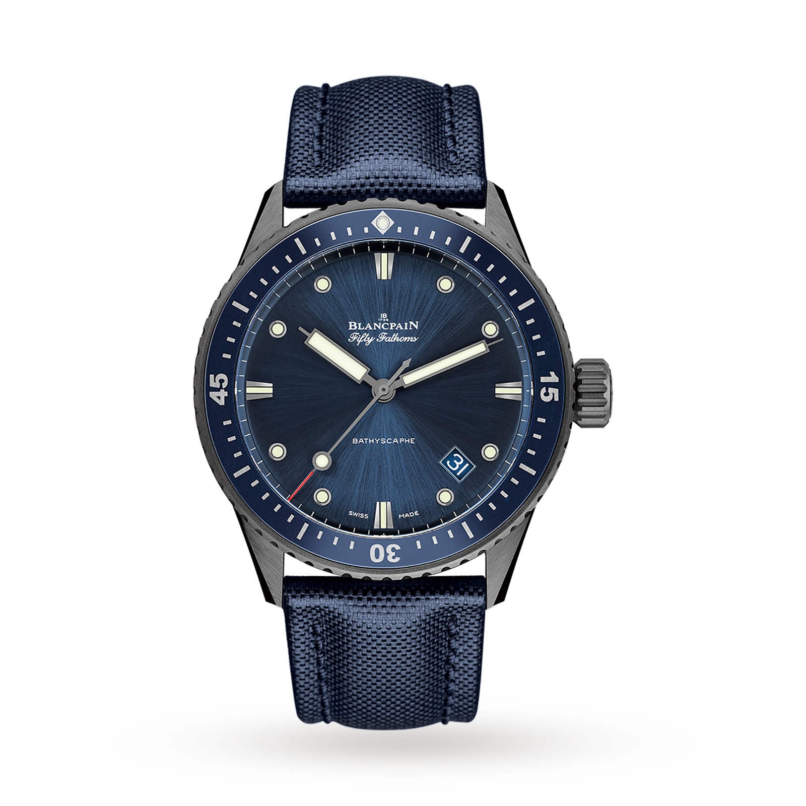 The Blancpain Fifty Fathoms Bathyscaphe features a blue sunburst dial, date at 4:30, luminous markers, and a blue fabric strap—engineered for diving.