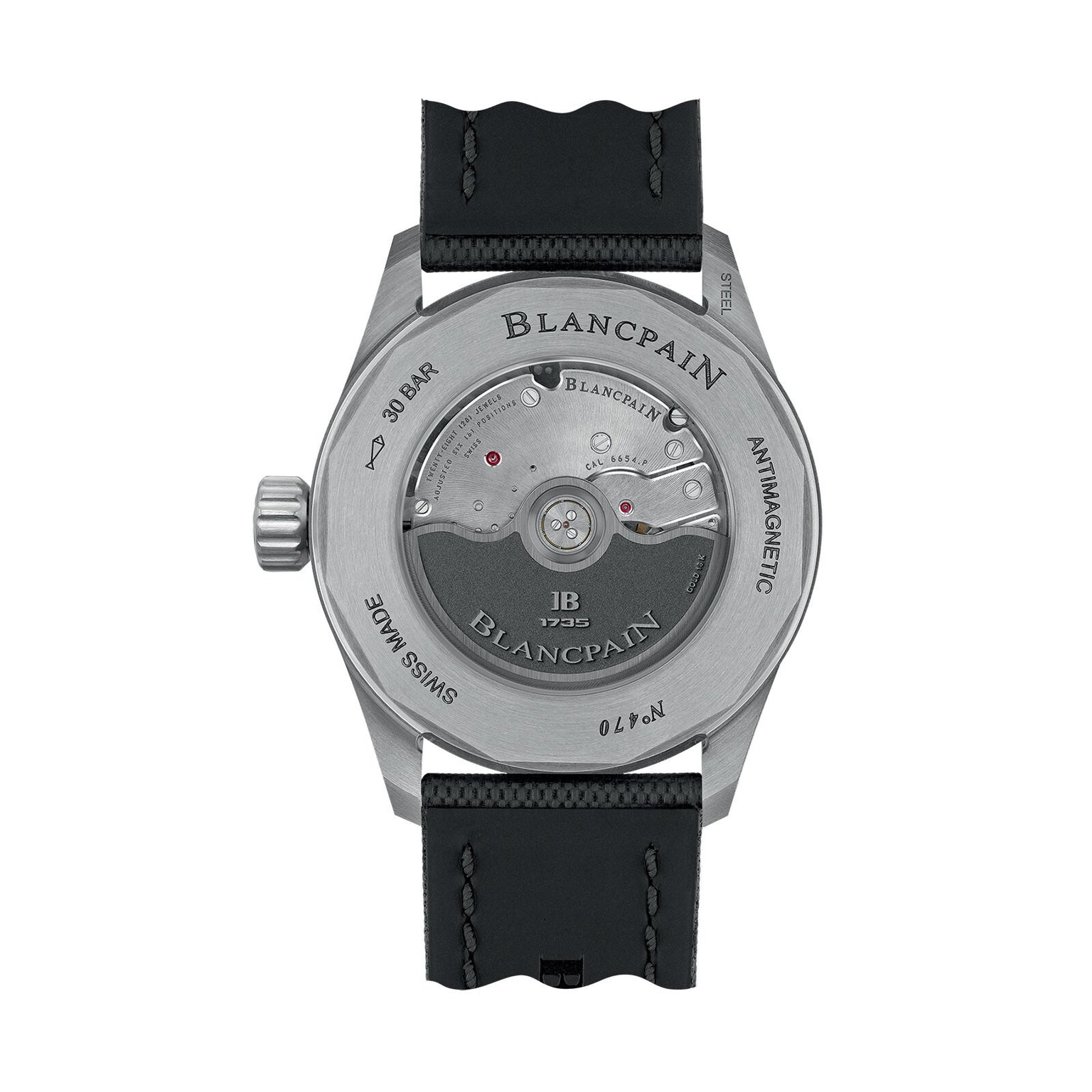 The image shows the back of a Blancpain Fifty Fathoms Bathyscaphe Quantième Complet Phases de Lune, featuring a visible automatic movement, black strap, and engraved labels like “30 BAR,” “ANTIMAGNETIC,” and “SWISS MADE.”.