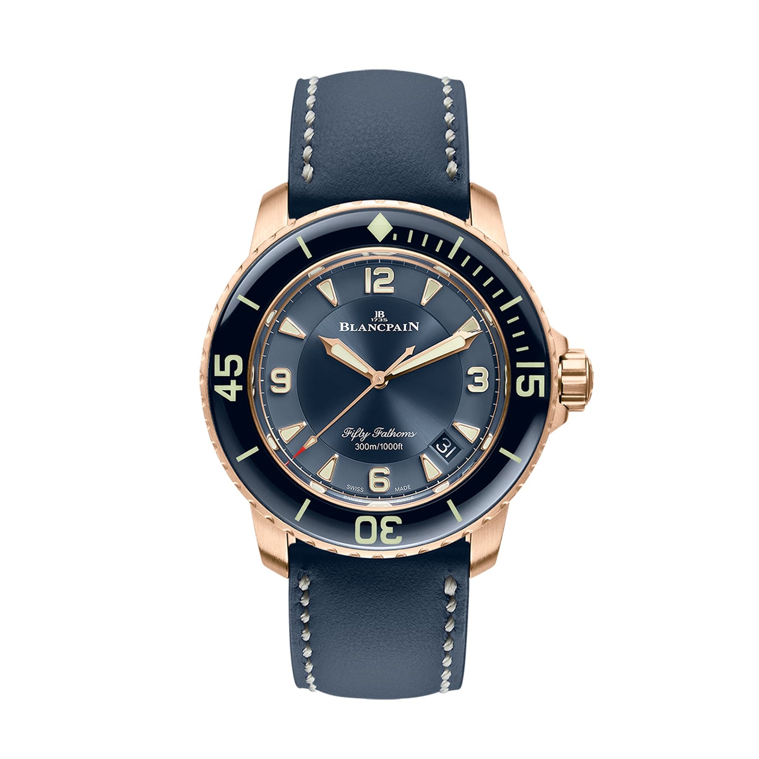 The Blancpain Fifty Fathoms Automatique is a luxury diver’s watch with a blue dial, gold case, and blue leather strap, elegantly set to 10:10.
