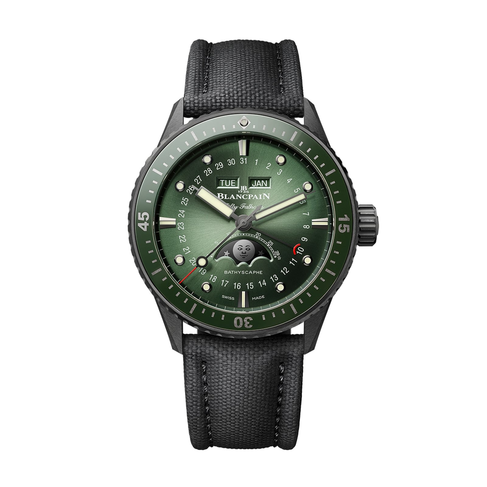 The Blancpain Fifty Fathoms Bathyscaphe Quantième Complet Phases de Lune features a green dial, black strap, and displays day, date, month, and moon phase complications.