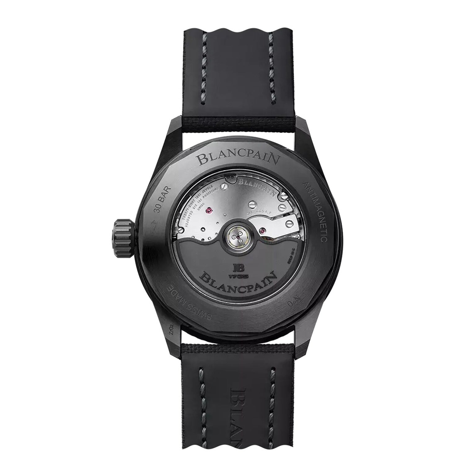 Back view of the Blancpain Fifty Fathoms Bathyscaphe Quantième Complet Phases de Lune wristwatch, featuring a transparent case back displaying the automatic movement, black strap, and engraved branding.