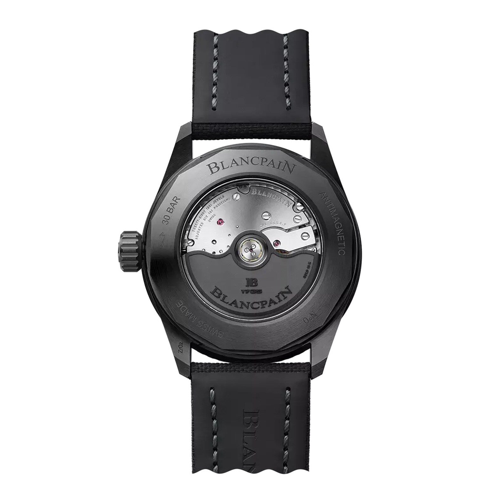 Back view of the Blancpain Fifty Fathoms Bathyscaphe Quantième Complet Phases de Lune wristwatch, featuring a transparent case back displaying the automatic movement, black strap, and engraved branding.