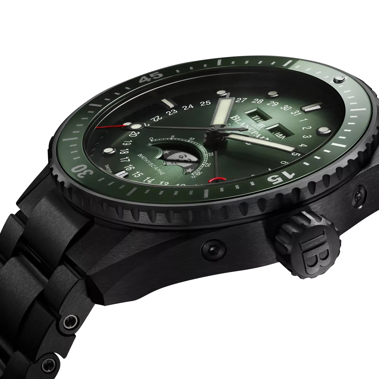 Close-up of the Blancpain Fifty Fathoms Bathyscaphe Quantième Complet Phases de Lune, a black metal wristwatch featuring a green dial, rotating bezel, visible crown, and luminescent markers photographed at an angle.