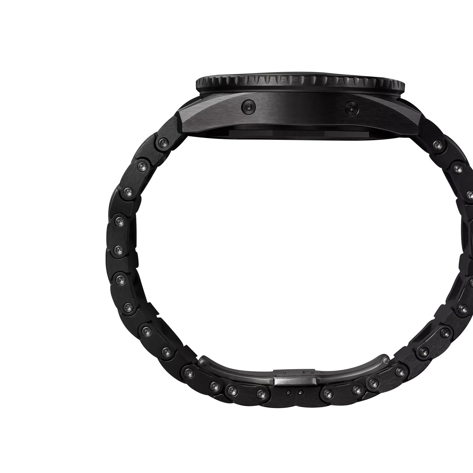 Side view of the Blancpain Fifty Fathoms Bathyscaphe Quantième Complet Phases de Lune, a black wristwatch with a metal link band, photographed on a white background.