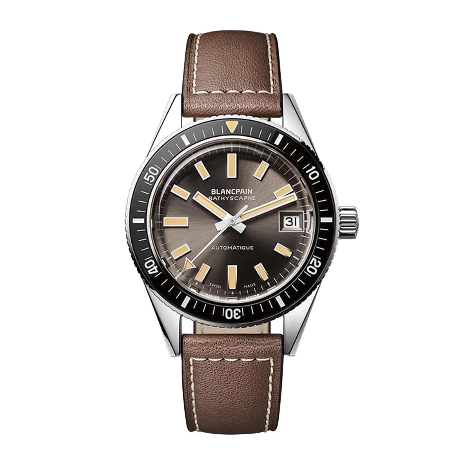 Fifty Fathoms Bathyscaphe | 37mm, Leather Strap, Grey Dial