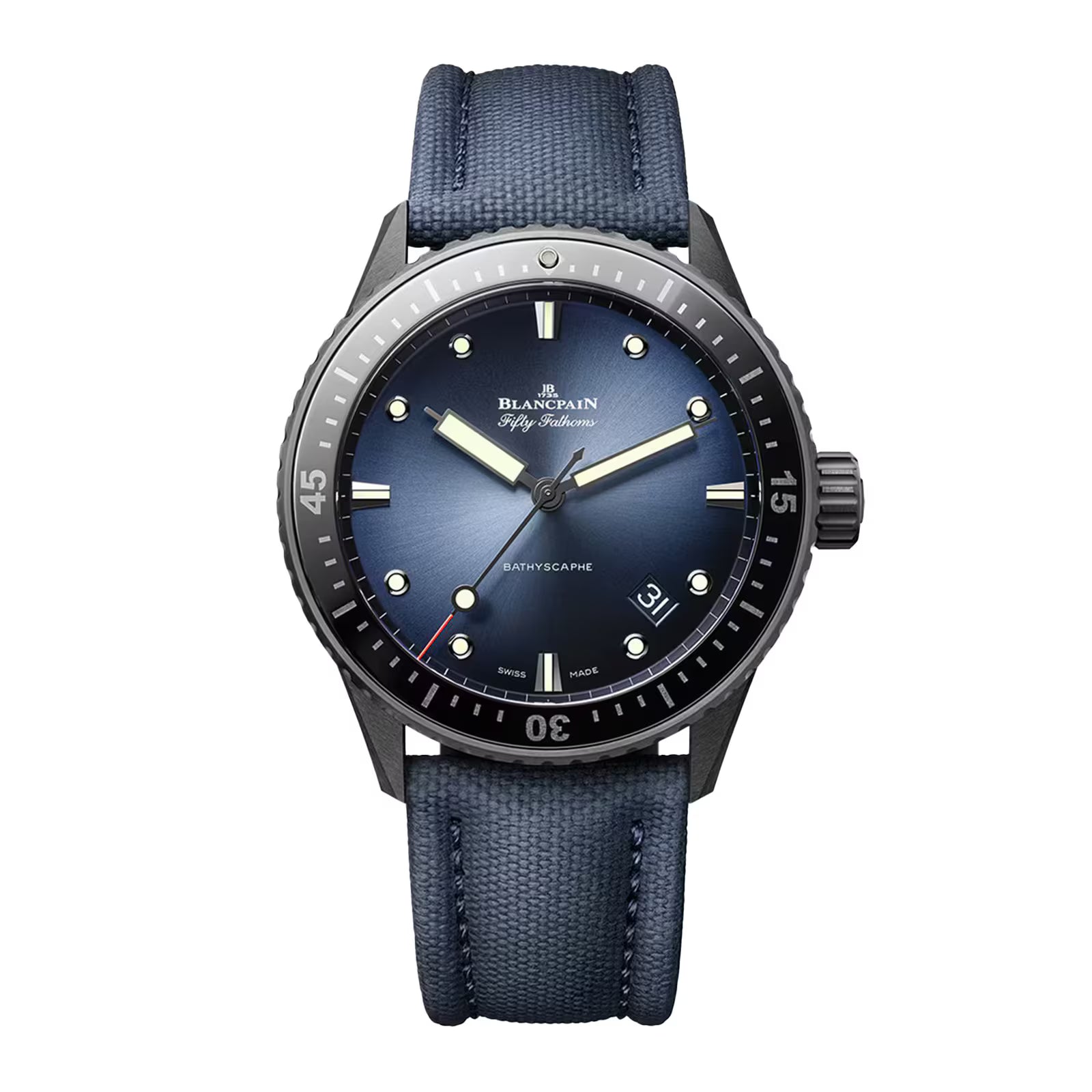 Fifty Fathoms Bathyscaphe | 43.4mm, Blue Canvas Strap, Sunburst Blue Dial