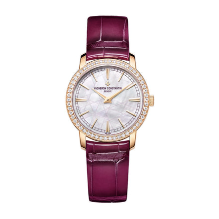 A limited edition Vacheron Constantin Traditionnelle Manual-winding in 18K pink gold, with a diamond bezel, mother-of-pearl dial, gold hour markers, and a burgundy leather strap.