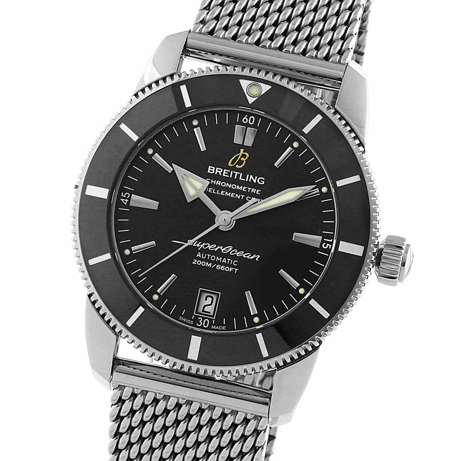 The Breitling Superocean Heritage B20 Automatic 42 features a black dial, silver hour markers, stainless steel bracelet, and a date display at 3 o’clock.