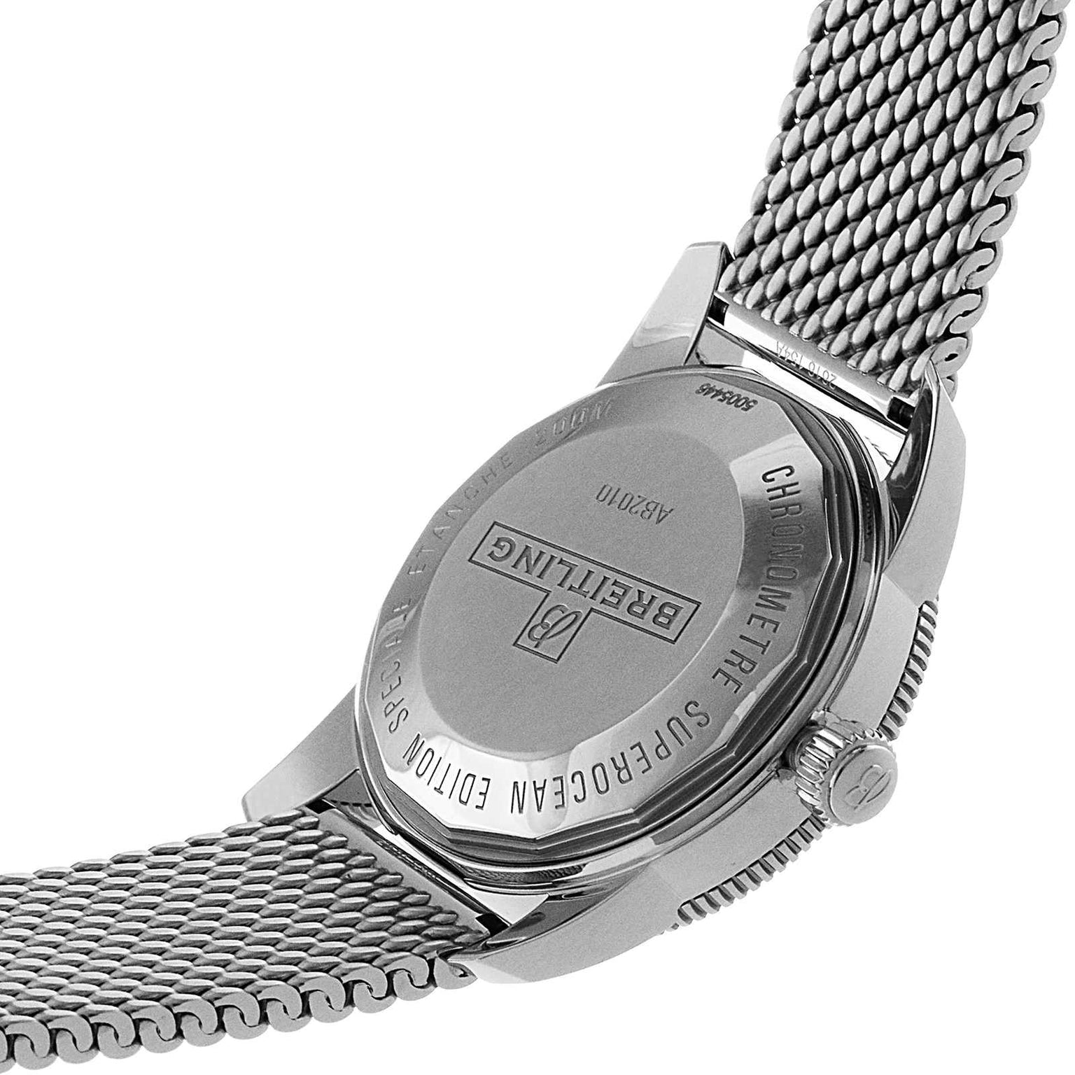Close-up of the back of the Breitling Superocean Heritage B20 Automatic 42, highlighting its engraved case and elegant stainless steel bracelet.