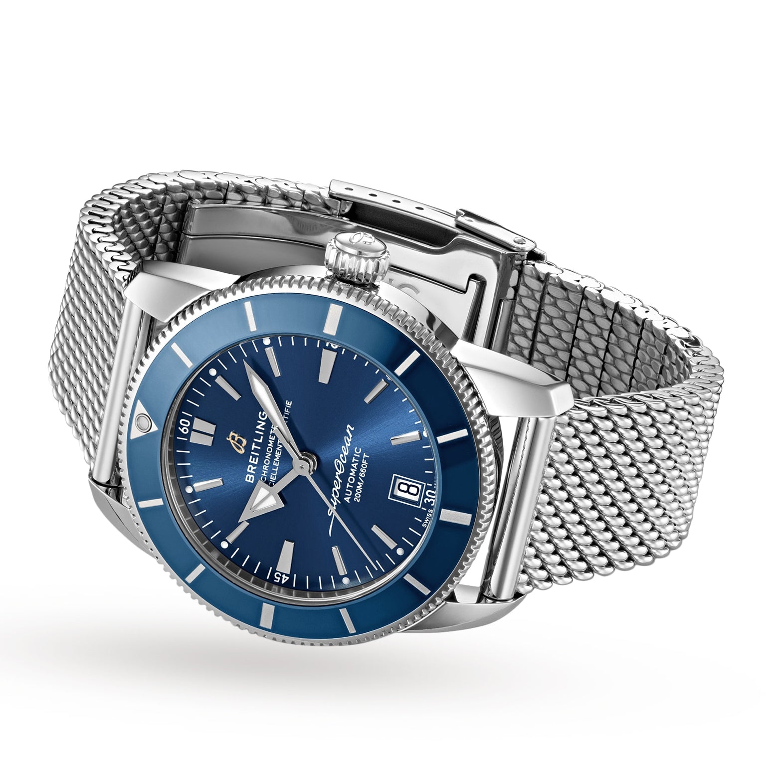 The Breitling Superocean Heritage B20 Automatic 42 features a stainless steel case, blue dial, gun blue ceramic bezel, date at 3 o’clock, and mesh bracelet, shown here on a white background.
