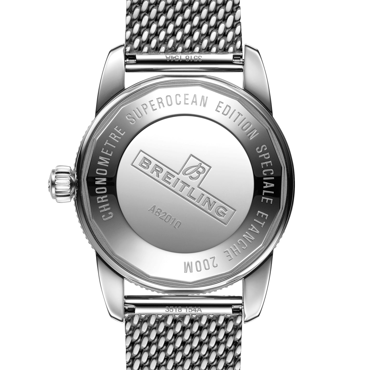Back view of the Breitling Superocean Heritage B20 Automatic 42 watch featuring engraved details, a stainless steel case, and a mesh metal strap.