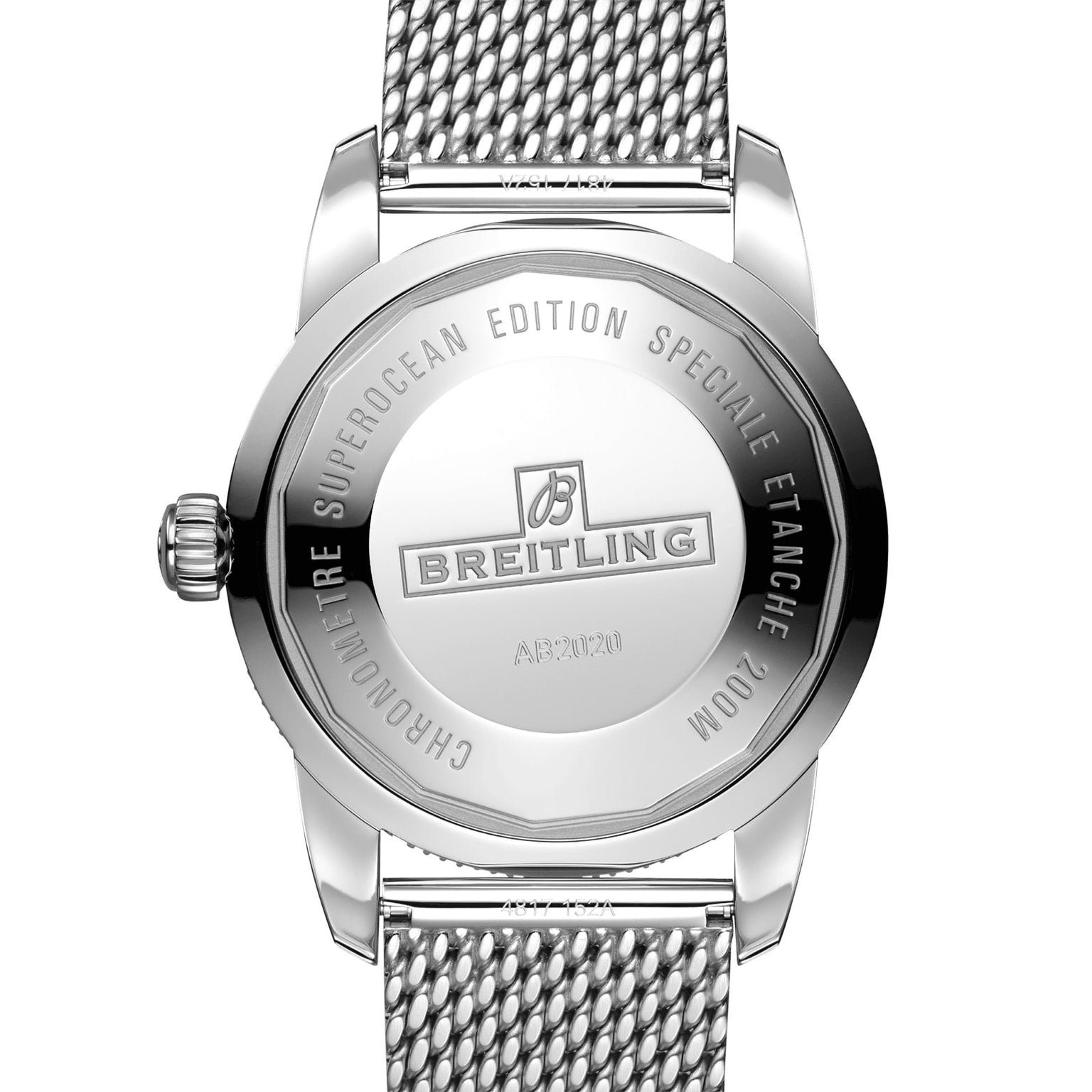 Back view of the Breitling Superocean Heritage B20 Automatic 46, featuring an engraved case back with branding and model details, water resistance marking, and a stainless steel mesh band.