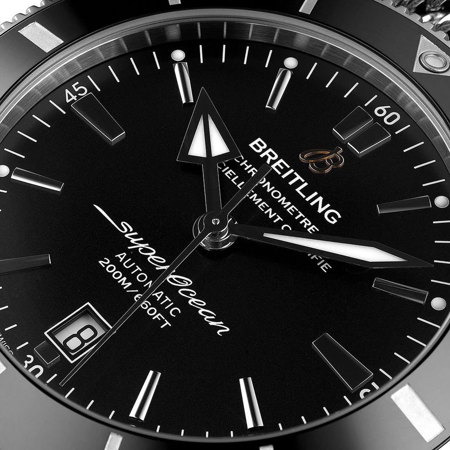 Close-up of the Breitling Superocean Heritage B20 Automatic 46 watch face, showing hands, date window, signature branding on a black dial, all encased in a 46mm stainless steel case.