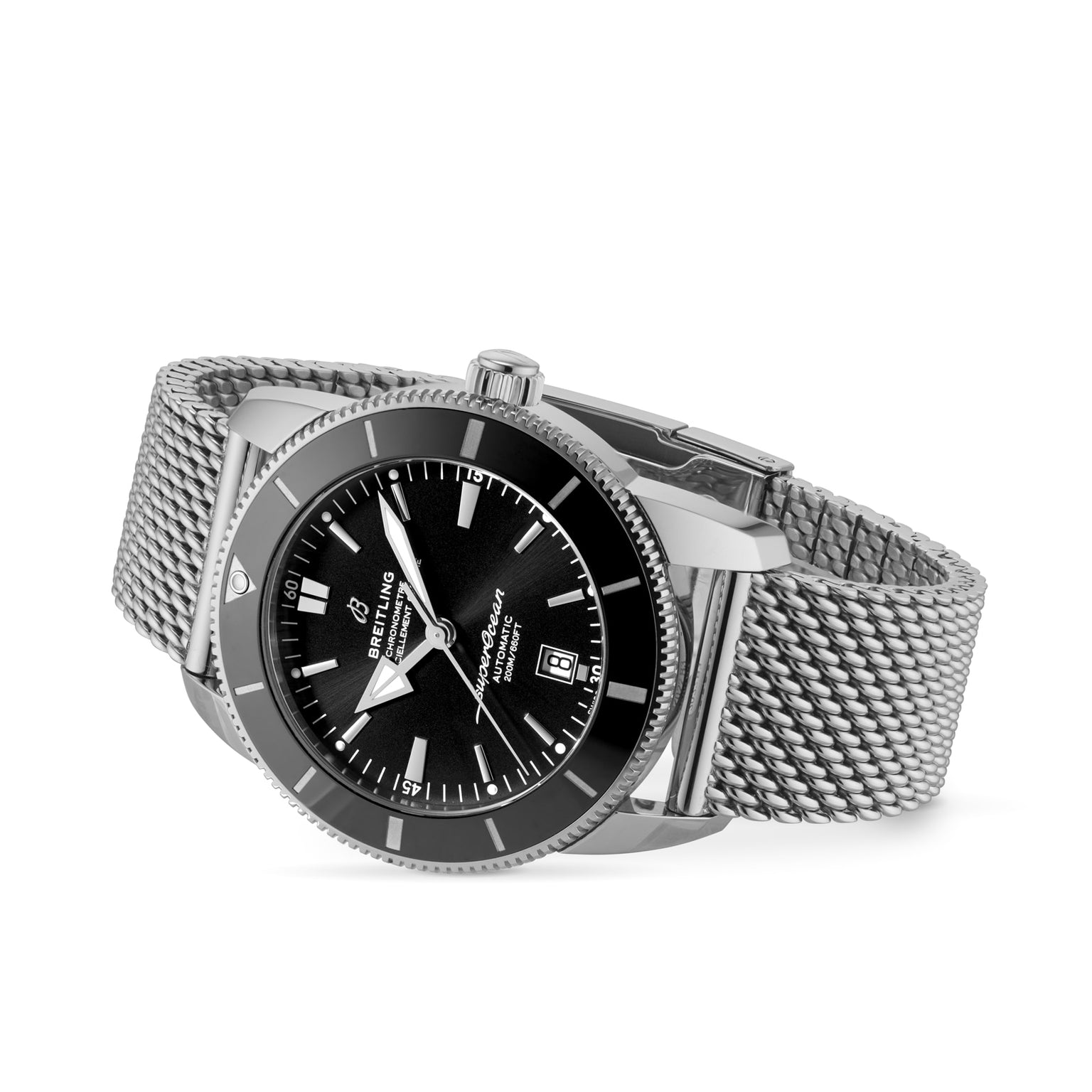A Breitling Superocean Heritage B20 Automatic 46 with a black dial, date display, and stainless steel mesh bracelet is shown on a white background.