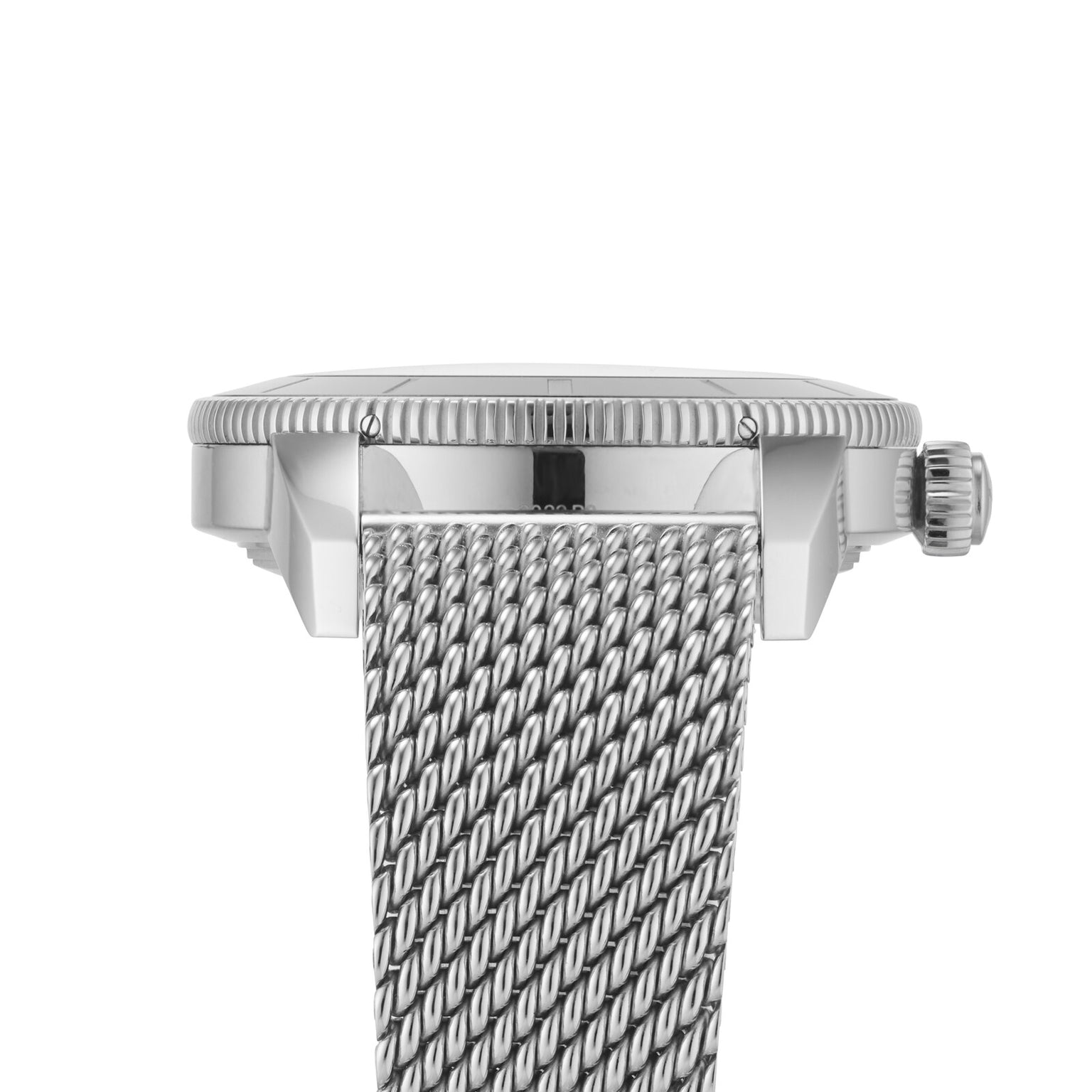 Side view of the Breitling Superocean Heritage B20 Automatic 46, showcasing a textured metal mesh band, ridged crown and bezel, and a robust 46mm stainless steel case.