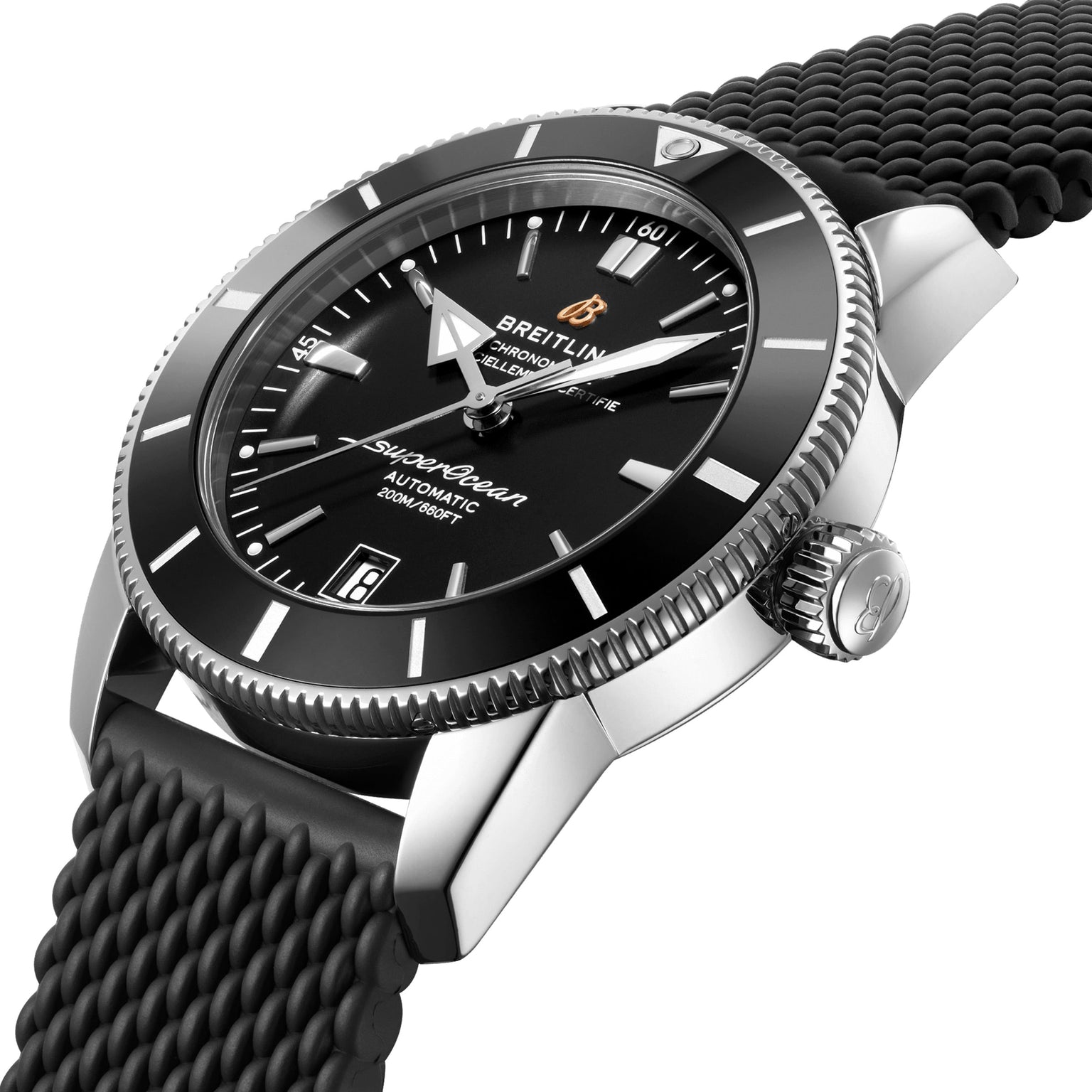 Close-up of a Breitling Superocean Heritage B20 Automatic 42 featuring a black dial, date display, black rubber strap, and stainless steel case.