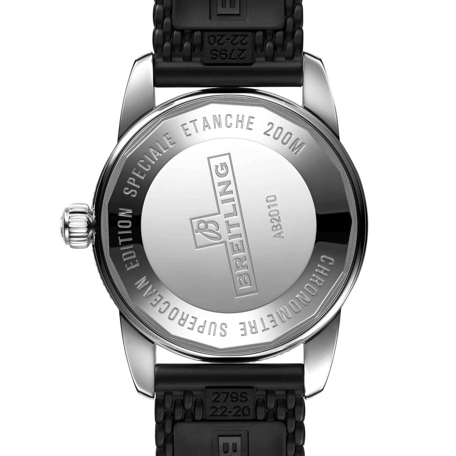 Back view of a Breitling Superocean Heritage B20 Automatic 42, showcasing model number A83210, 200M water resistance, and a black textured strap—all within a durable stainless steel case from the iconic Superocean collection.