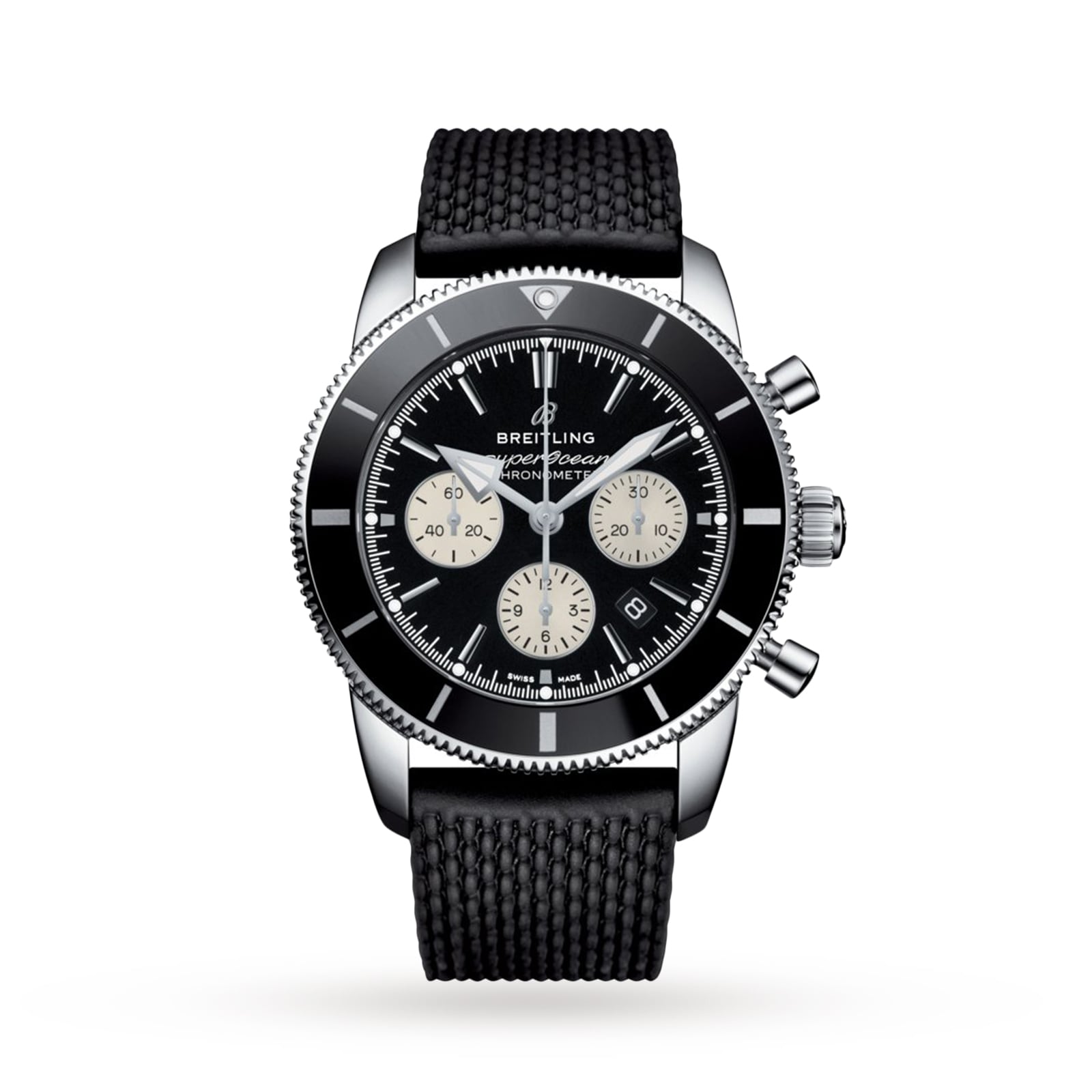 A Breitling Superocean Heritage B01 Chronograph 44 in black and silver, featuring the precise Breitling 01 calibre, three subdials, date window, textured black strap, and bold bezel displayed on a white background.