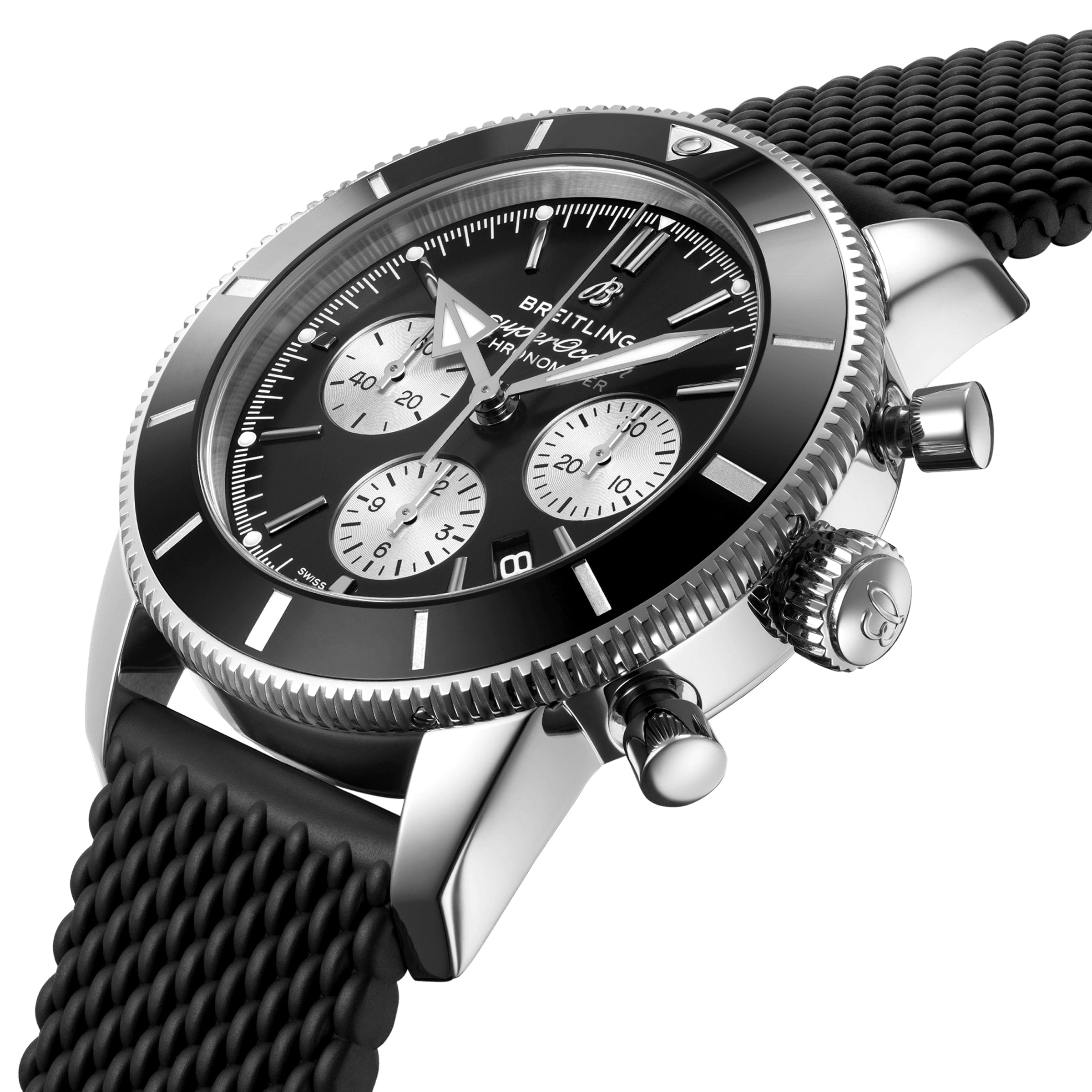 A close-up of the Breitling Superocean Heritage B01 Chronograph 44 reveals its black bezel, three sub-dials, and textured black strap—highlighting the watch’s water-resistant design.