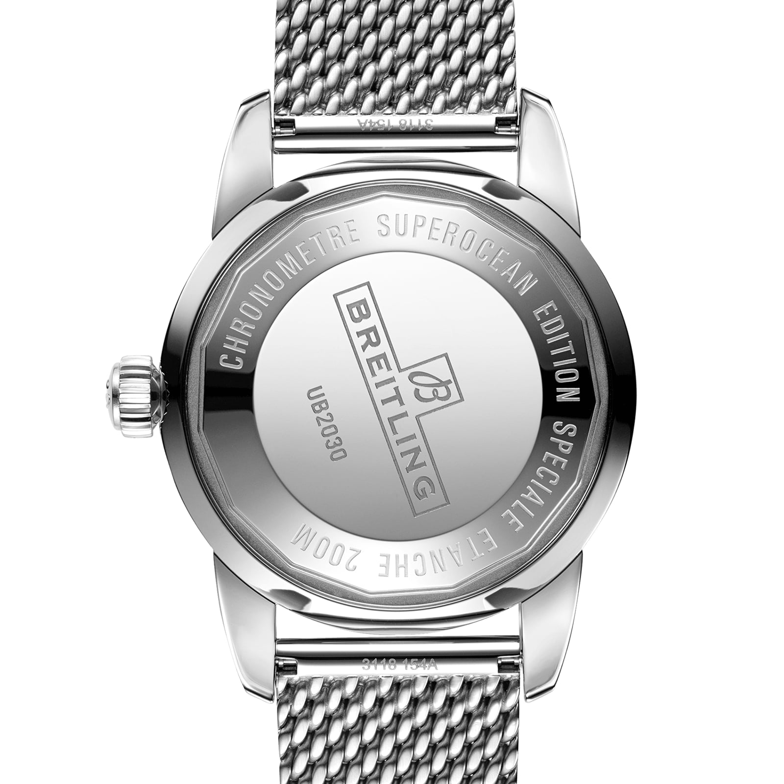 Back view of the Breitling Superocean Heritage B20 Automatic 44, showing the engraved case back, stainless steel bracelet, and iconic branding details.