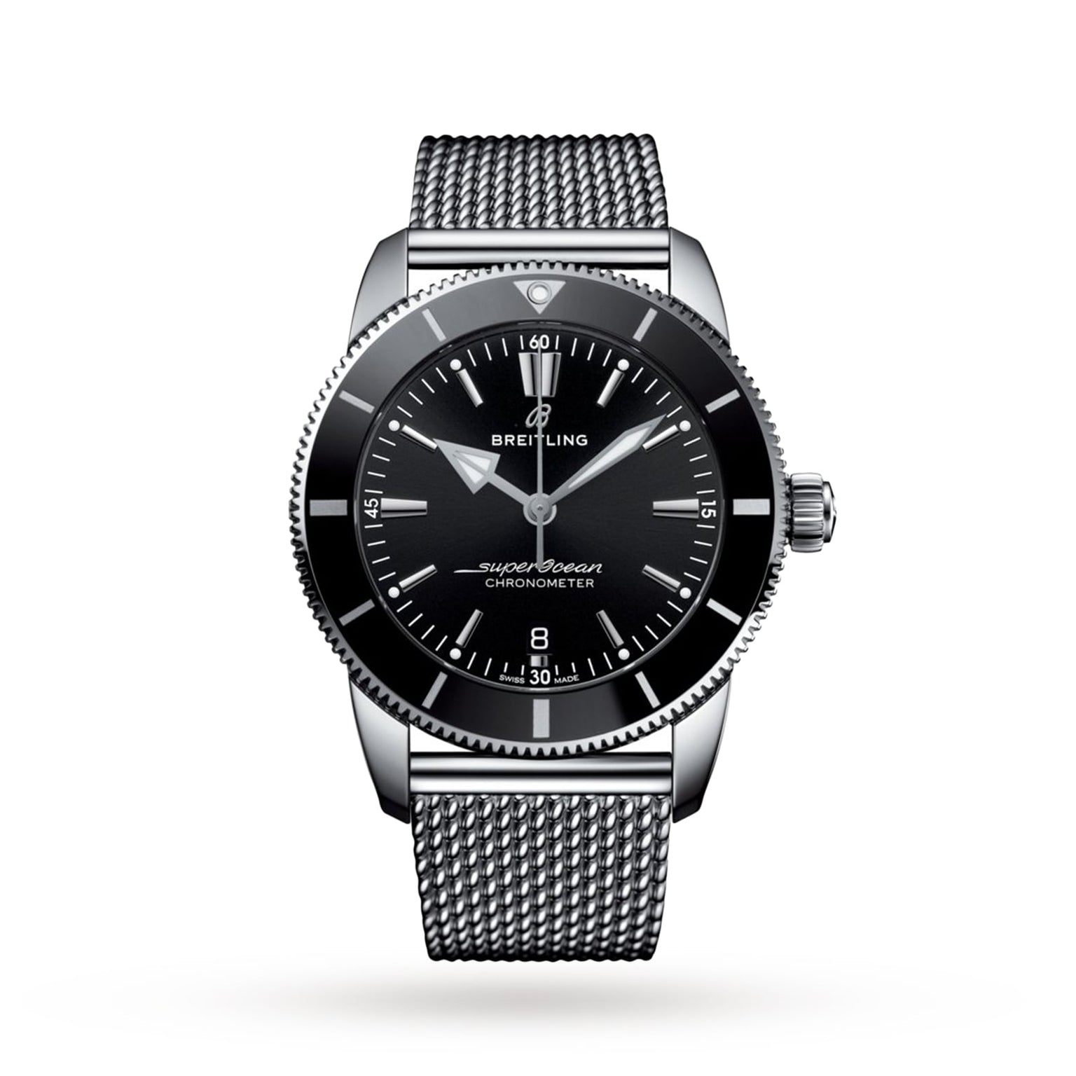 The Breitling Superocean Heritage B20 Automatic 44 features a black dial, silver hour markers, date at 6 o’clock, and a stainless steel mesh bracelet, powered by the Breitling B20 calibre and shown against a white background.