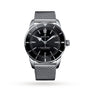 The Breitling Superocean Heritage B20 Automatic 44 features a black dial, silver hour markers, date at 6 o’clock, and a stainless steel mesh bracelet, powered by the Breitling B20 calibre and shown against a white background.