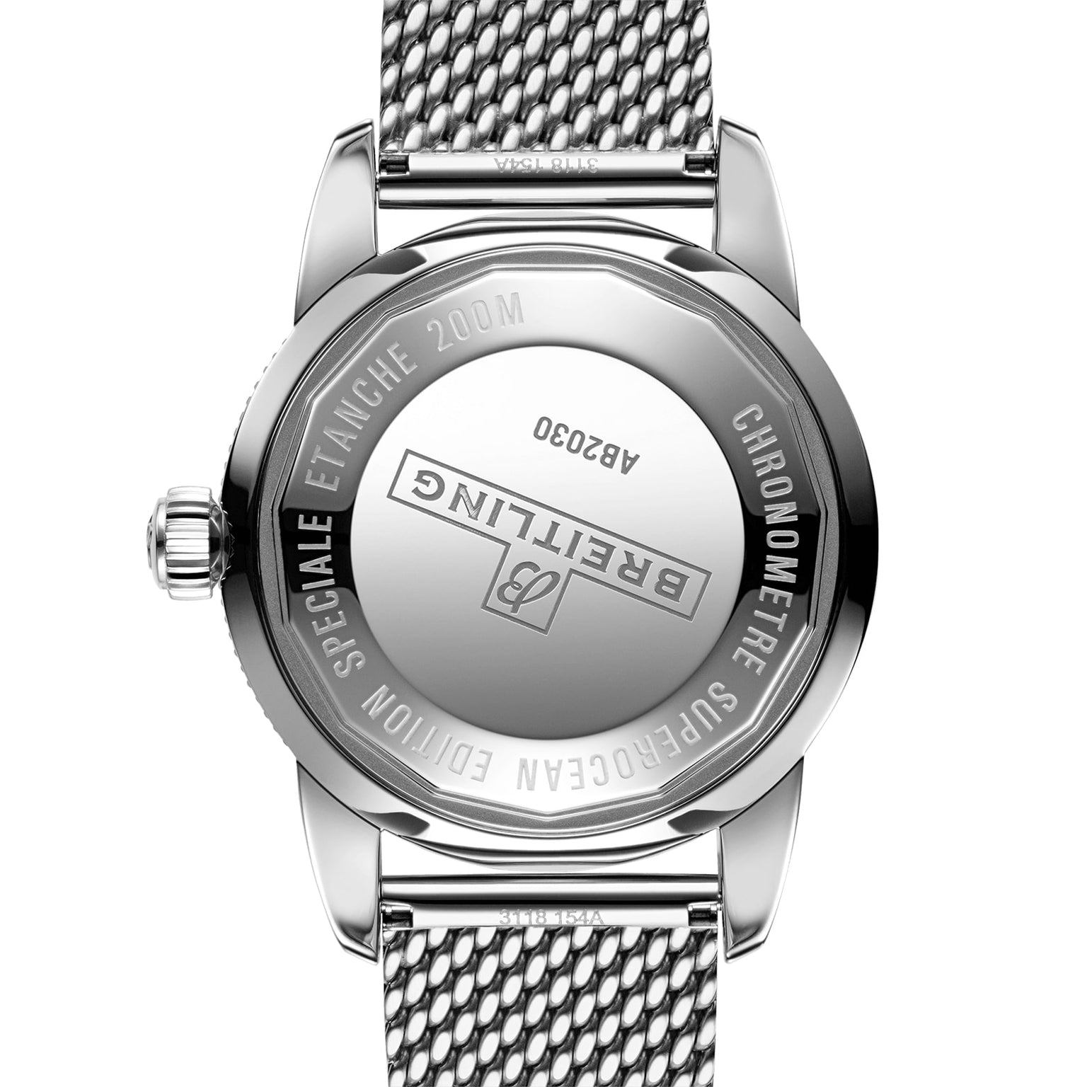 Back view of the Breitling Superocean Heritage B20 Automatic 44 reveals a stainless steel case, engraved logo, 200m water resistance, and matching bracelet. Powered by the precise Breitling B20 calibre.