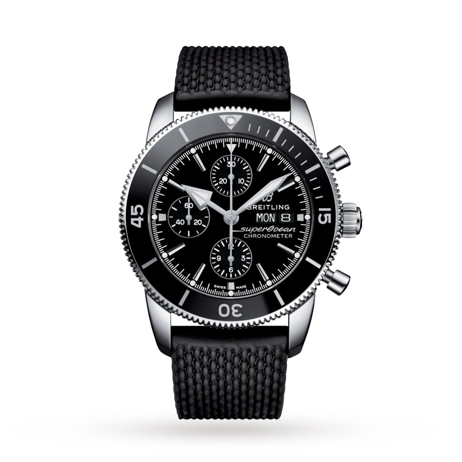 The Breitling Superocean Heritage Chronograph 44 features a black bezel, three subdials, day and date display, and a textured black rubber strap—powered by the precise Breitling 13 calibre.