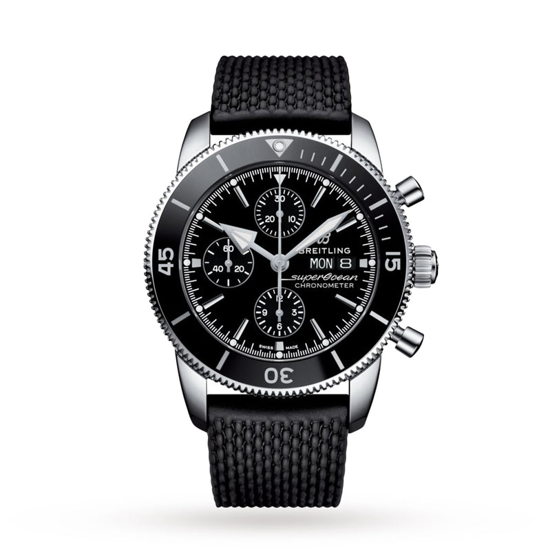 The Breitling Superocean Heritage Chronograph 44 features a black bezel, three subdials, day and date display, and a textured black rubber strap—powered by the precise Breitling 13 calibre.