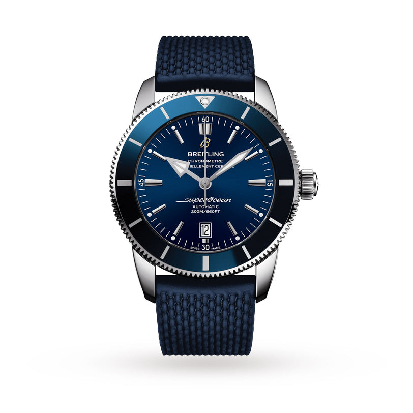 The Breitling Superocean Heritage B20 Automatic 46 features a blue dial, luminescent hands, blue textured strap, stainless steel case, and a date display at 6 o’clock.
