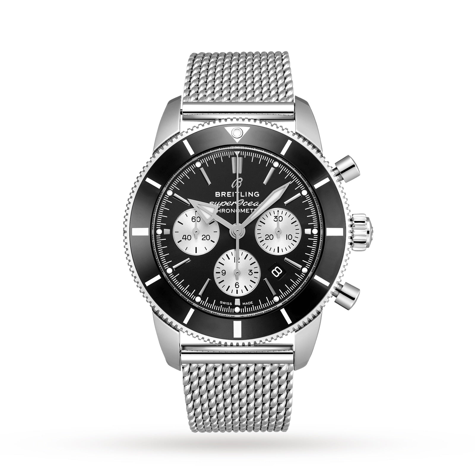 A Breitling Superocean Heritage B01 Chronograph 44 in stainless steel, featuring a black dial with three subdials and a mesh bracelet, is displayed against a white background.