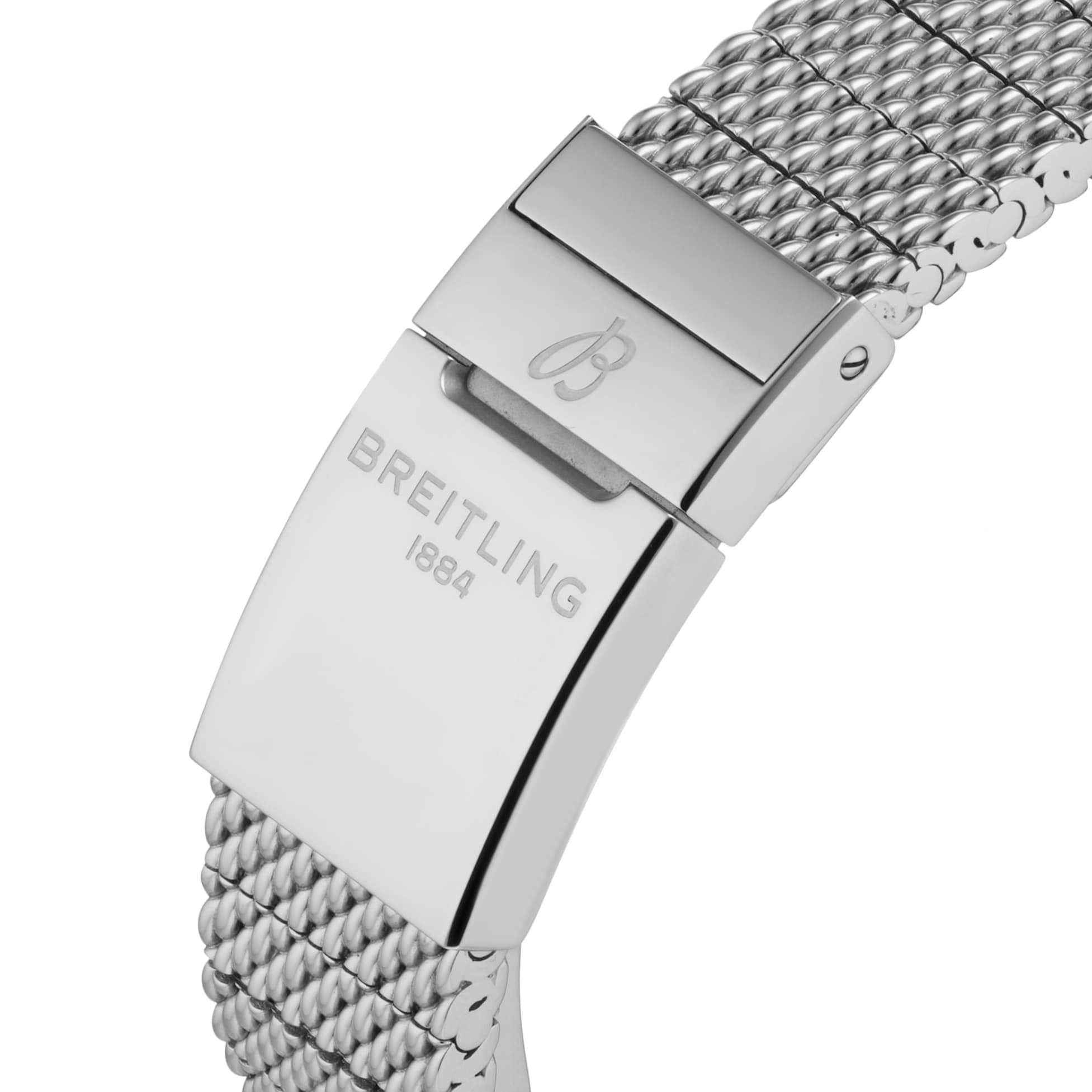 Close-up of the Breitling Superocean Heritage B01 Chronograph 44’s stainless steel mesh bracelet clasp, featuring engraved branding and a stylized B logo, showcases the watch’s quality and iconic design.