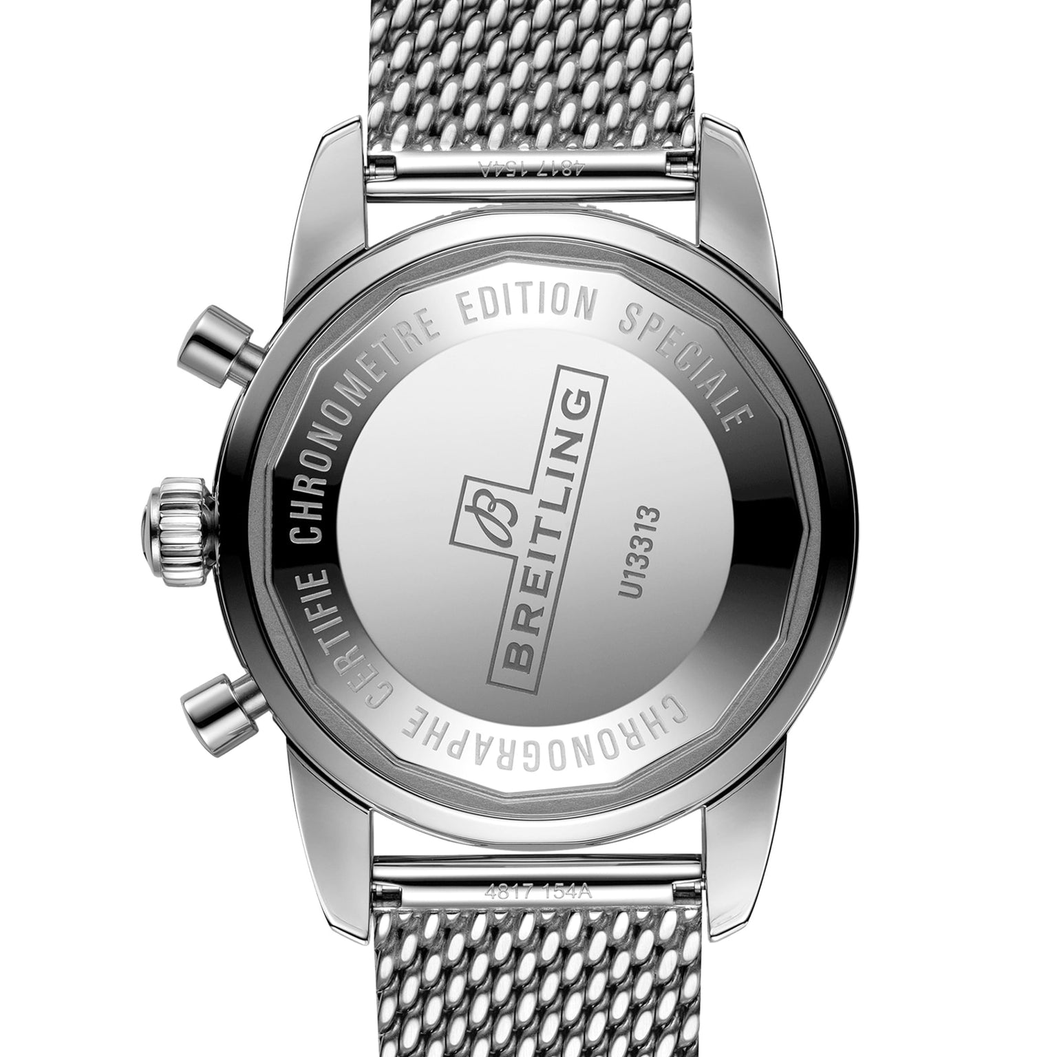 Back view of the Breitling Superocean Heritage B20 Automatic 44 showing its 44mm stainless steel case, mesh strap, and engraved branding with certification details on the water-resistant caseback.