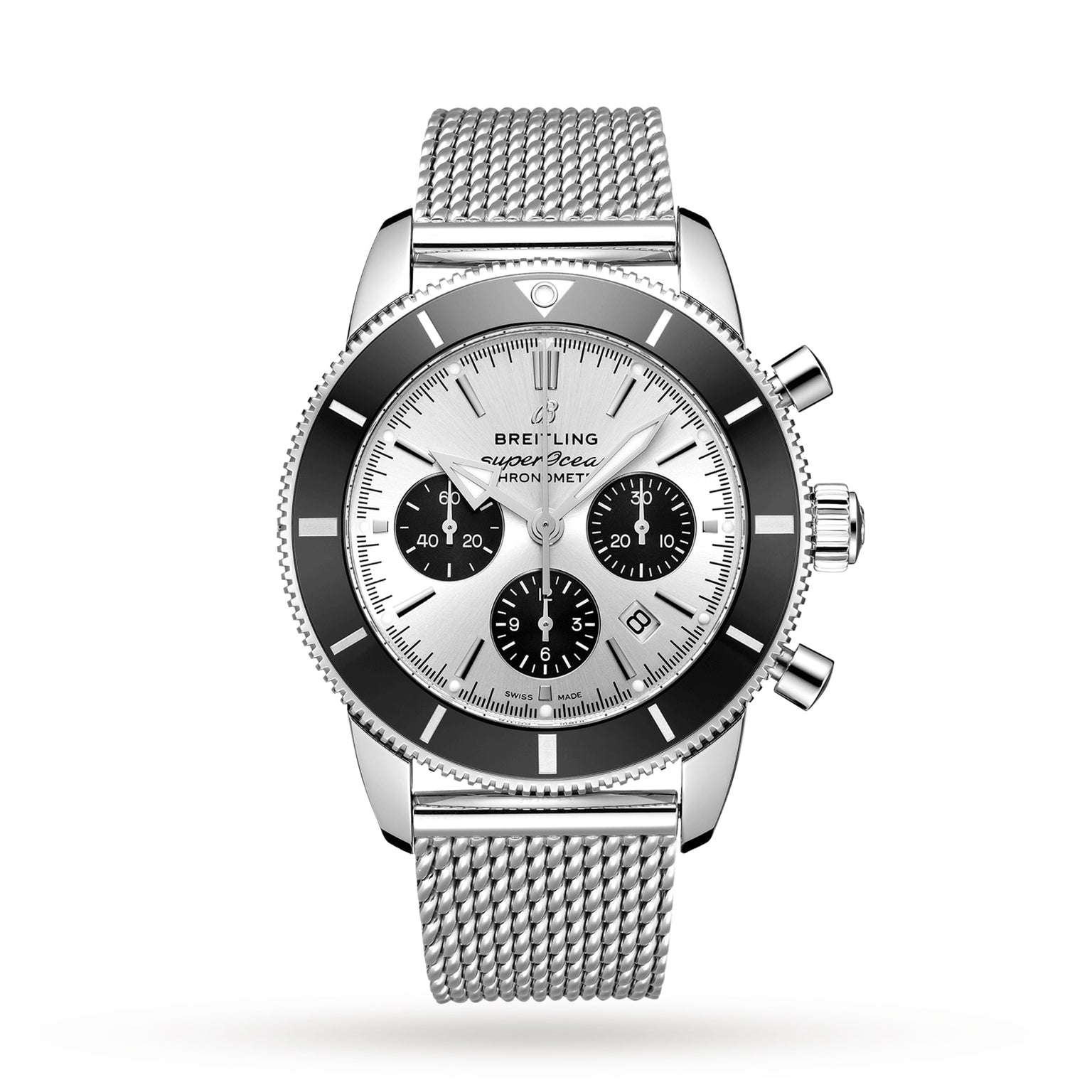 The Breitling Superocean Heritage B01 Chronograph 44 features a silver mesh band, black bezel, and three subdials on a white dial—a stylish, water-resistant watch perfect for any occasion.