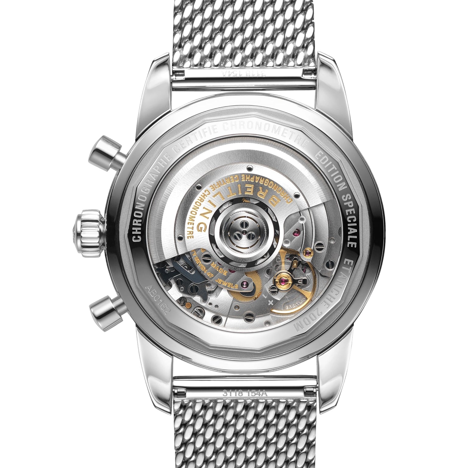 Close-up of the Breitling Superocean Heritage B01 Chronograph 44 showing its automatic movement through a transparent case back and stainless steel mesh strap, all designed for superior water resistance.